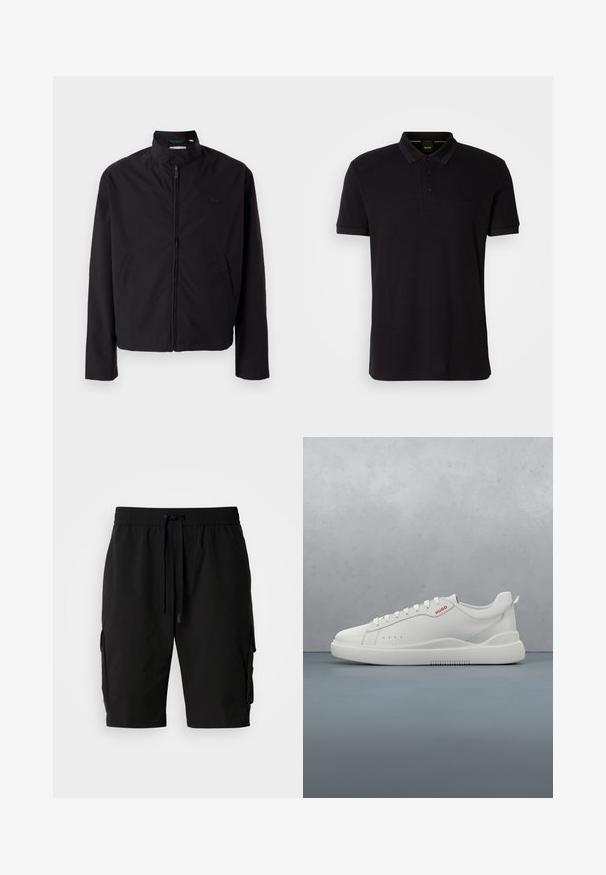 Sorte letvægtsjakke, lynlås lukning, opretstående krave, sidelommer, glat stof, minimalistisk design med logo accent på brystet.; Sort polo shirt lavet af blødt stof, med klassisk krave, tre-knaps lukning og et broderet logo på brystet.; Sorte cargo shorts lavet af letvægtsstof, med elastisk talje, snor og sidelommer til ekstra opbevaring.; Hvide sneakers med en glat læderfinish, rund tå, fire snørehuller, subtile perforeringer og en rød logo detalje på siden.