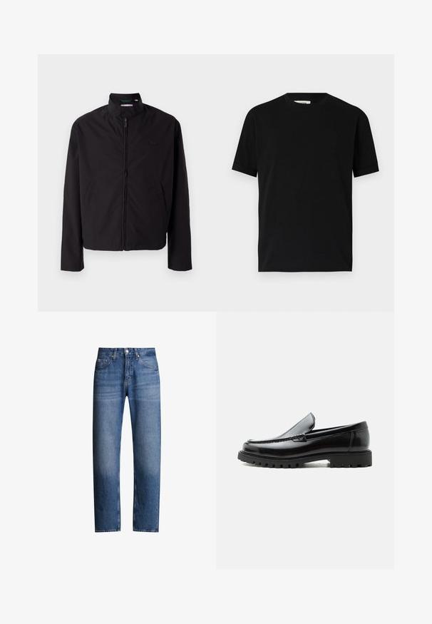 Sorte letvægtsjakke, lynlås lukning, opretstående krave, sidelommer, glat stof, minimalistisk design med logo accent på brystet.; Sort kortærmet t-shirt lavet af bomuld med rund halsudskæring og løs pasform. Glat tekstur, ingen mønstre eller synlige logoer.; Blå denimjeans med lige pasform, fem lommer og lynlås. Har en let falmet effekt og syninger langs sømmene.; Sort læderloafer med chunky gummisål, syet overdel og præget mærkenavn på hælen, vist i sideprofil på hvid baggrund.