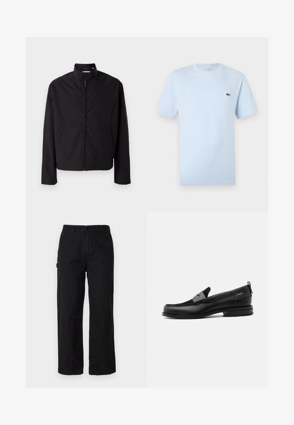 Veste légère noire, fermeture éclair, col montant, poches latérales, tissu lisse, design minimaliste avec accent logo sur la poitrine.; T-shirt à manches courtes bleu clair en coton doux. Présente un petit logo de crocodile brodé en vert sur la poitrine.; Pantalons cargo en coton noir avec une coupe droite, dotés de poches latérales et d'une fermeture par bouton à l'avant. Tissu durable avec une texture lisse.; Mocassin en cuir noir avec détail de bride grise, talon bas et semelle texturée, marqué "HUGO" en or sur le côté.