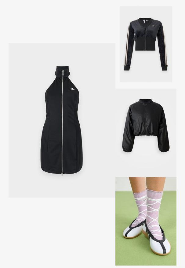 Zwarte cropped bomberjack met een gladde, nepleer structuur, ritsluiting en elastische manchetten voor een getailleerd silhouet.; Zwarte korte jas met rits, met beige strepen op de mouwen, geribde tailleband en manchetten en een klein Adidas trefoil-logo op de borst.; Zwarte mouwloze halterjurk met zilveren rits aan de voorkant en klein wit Adidas-logo op de borst tegen een witte achtergrond.; Benen met geribbelde lavendelkleurige sokken met witte kruisbanden, gecombineerd met witte ballerina's met zwarte bies op een groene vloer.