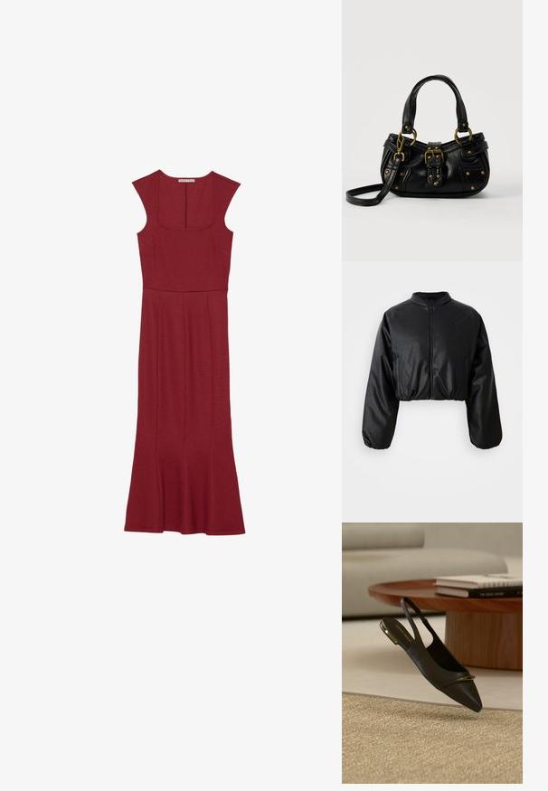 Chaqueta bomber corta negra con una textura suave de cuero sintético, cierre de cremallera y puños elastizados para un ajuste ceñido.; Anna Field Vestido de cóctel - dark red; Zapato plano slingback de cuero negro con punta puntiaguda y detalle dorado en la puntera y el tacón, colocado cerca de una mesa de café redonda de madera y una alfombra beige.; Bolso de cuero negro con hebilla y detalles de remaches dorados, asas cortas y una correa de hombro ajustable sobre un fondo blanco liso.