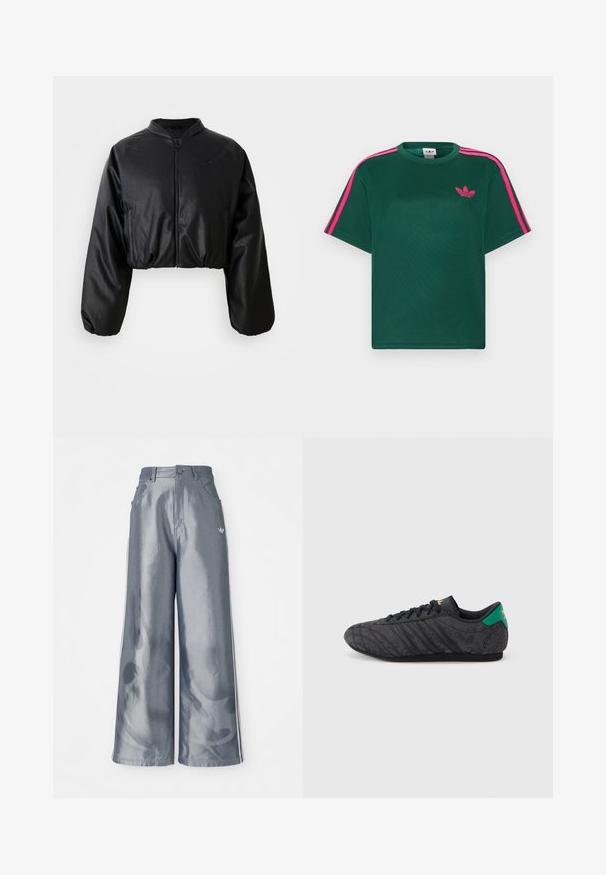 Zwarte cropped bomberjack met een gladde, nepleer structuur, ritsluiting en elastische manchetten voor een getailleerd silhouet.; Groen T-shirt met korte mouwen, helderroze strepen op de schouders en het Adidas trefoil-logo op de borst.; Zijde-brede broek van glanzend grijs materiaal, met witte zijstreep en een vlampatroon op de onderbenen. Knopen- en ritssluiting in de taille.; Zwarte sneakers met een laag profiel, een subtiel bloemenpatroon, zwarte veters, een groene hielband en een gouden logo op de tong en hiel.