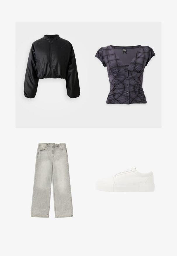 Čierna skrátená bomber bunda s hladkou, umelými kožou podobnou textúrou, zapínaním na zips a pružnými manžetami pre priliehavý strih.; Kockovaná blúzka tmavosivej farby s krátkym rukávom, výstrihom do V, gombíkmi vpredu, nariasenými stranami a zvonovými rukávmi, veľkosť malá.; Široké šedé rifle z denimu majú vyblednutý vzhľad, päť vreciek a kovové doplnky. Tkanina má jemnú textúru a čistý spodný okraj.; Biele plátkové tenisky s hrubou bielou gumovou podrážkou, s okrúhlou špičkou a klasickým šnurovaním s piatimi očkami.