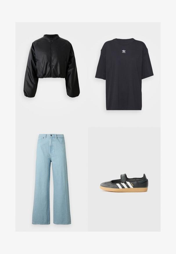 Μαύρο cropped bomber jacket με απαλή, τεχνητή δερμάτινη υφή, κλείσιμο με φερμουάρ και ελαστικούς καρπούς για εφαρμόζουσα σιλουέτα.; Μαύρη βαμβακερή μπλούζα με κοντά μανίκια, στρογγυλή λαιμόκοψη, διαθέτει άσπρο λογότυπο Adidas στο στήθος. Απλός σχεδιασμός, χαλαρή εφαρμογή.; Ανοιχτό μπλε τζιν παντελόνι με φαρδιά μπατζάκια, εμπρόσθιο κουμπί, φερμουάρ, θηλιές για ζώνη και πλαϊνές τσέπες σε λευκό φόντο.; Μαύρο δερμάτινο και σουέντ αθλητικό παπούτσι με ιμάντα Velcro, χαρακτηρισμένο από τρεις λευκές ρίγες και καουτσούκ σόλα, με την ένδειξη "SAMBA" στο πλάι.