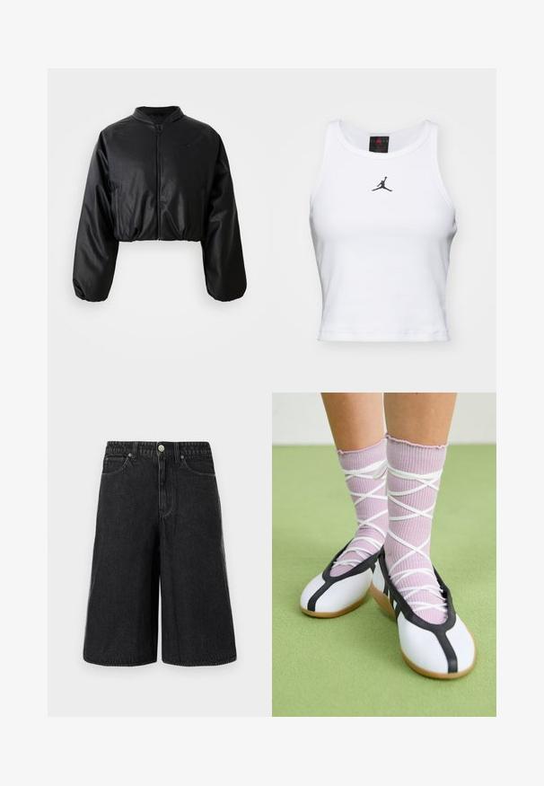 Sort cropped bomberjakke med en glat skalobt lædertekstur, lynlåslukning og elastiske manchetter for en tætsiddende silhuet.; Hvid cropped tanktop lavet af bomuld med ribbet tekstur. Har et sort Jordan-logo i midten og en klassisk rund halsudskæring.; Sorte denimshorts med løs pasform, udstyret med lynlås, knaplukning foran og traditionelle lommer, afsluttet med frynser i kanten.; Ben iført ribbet lilla sokker med hvide krydsede stropper kombineret med hvide balletsko med sort kant på grøn gulv.