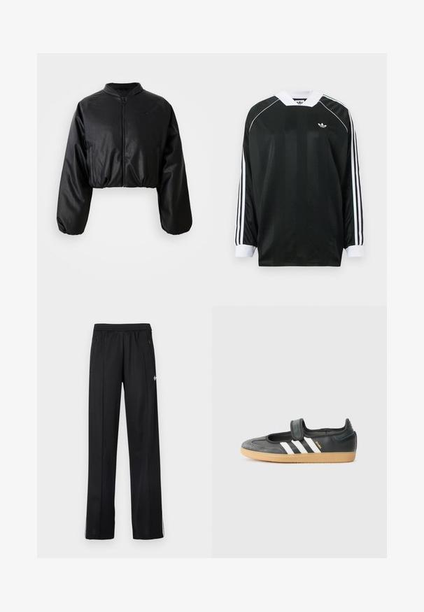 Chaqueta bomber corta negra con una textura suave de cuero sintético, cierre de cremallera y puños elastizados para un ajuste ceñido.; Camiseta negra de manga larga con escote en V, con rayas verticales, detalles en blanco y tres rayas blancas en cada manga. Pequeño logo en el pecho.; Pantalones deportivos negros con cintura elástica, bolsillos laterales con cremallera, rayas blancas en la parte inferior de las piernas y un pequeño logo blanco en el lateral.; Zapatilla de deporte de cuero negro y ante con una correa de Velcro, que presenta tres rayas blancas y una suela de goma, etiquetada "SAMBA" en el lateral.