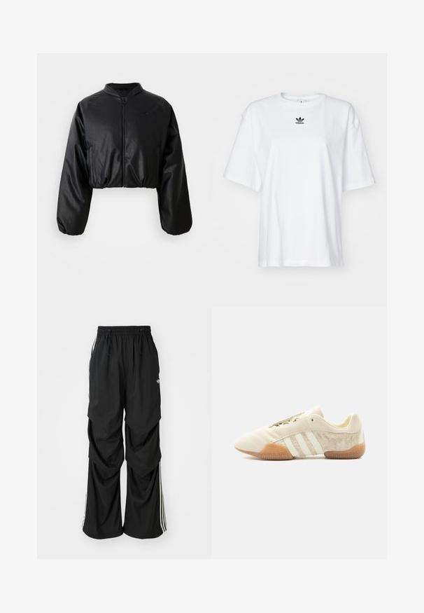 Sort cropped bomberjakke med en glat skalobt lædertekstur, lynlåslukning og elastiske manchetter for en tætsiddende silhuet.; Hvid kortærmet t-shirt lavet af bomuld. Har en rund halsudskæring og et lille sort Adidas-logo på brystet. Lige skåret kant.; Sorte løstsiddende bukser med elastisk talje, snøre og hvide sidestriber; lavet af letvægtsstof med en glat tekstur.; Lavprofileret beige sneaker med tre hvide striber, teksturerede ruskindssidepaneler, gummisål og snørelukning på ensfarvet baggrund.