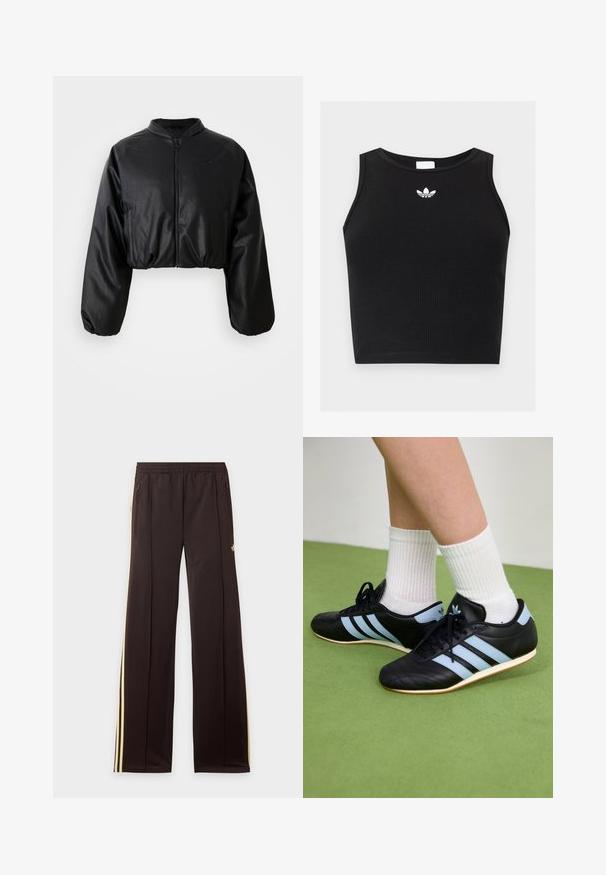 Chaqueta bomber corta negra con una textura suave de cuero sintético, cierre de cremallera y puños elastizados para un ajuste ceñido.; Top corto negro de canalé sin mangas con escote redondo y pequeño logo blanco de Adidas trefoil centrado cerca del cuello.; Pantalones de chándal negros con rayas amarillas laterales, cintura elástica, bolsillos laterales con cremallera y un pequeño logo en el muslo superior.; Zapatillas deportivas de cuero negro con rayas azul claro, parte superior texturizada y suelas de goma, combinadas con calcetines de rayas blancas sobre un suelo verde.