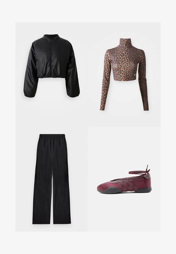 Zwarte cropped bomberjack met een gladde, nepleer structuur, ritsluiting en elastische manchetten voor een getailleerd silhouet.; Leopardprint langsl sleeve crop top in bruin en zwart, met een hoge hals en een strakke, gladde textuur. Subtiele logo-detail aan de rand.; Zwarte wijde broek met elastische tailleband, gemaakt van lichtgewicht stof, plat gelegd op een lichte achtergrond.; Bordeauxrode ballerina met zwarte zool, elastische enkelbandjes die in een strik zijn gebonden, en gestikte details aan de zijkanten, gezien vanaf de buitenkant.