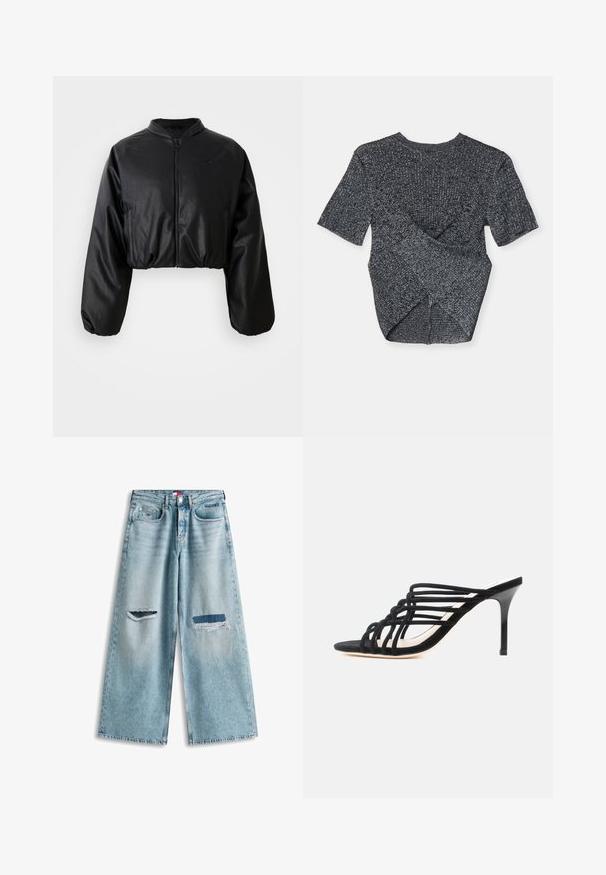 Čierna skrátená bomber bunda s hladkou, umelými kožou podobnou textúrou, zapínaním na zips a pružnými manžetami pre priliehavý strih.; Sivý pletený top s krátkym rukávom a textúrovaným vzorom, s prekrytým dizajnom na zadnej strane a klasickým okrúhlym výstrihom.; Svetlomodré široké rifle s opotrebovanými detailmi, vrátane roztrhnutého otvoru na ľavom stehne a záplatovaného roztrhnutia na pravom stehne.; Čierne mule sandále na vysokom opätku s tenkými krížovými remienkami a úzkym ihličkovým opätkom na bielom pozadí.