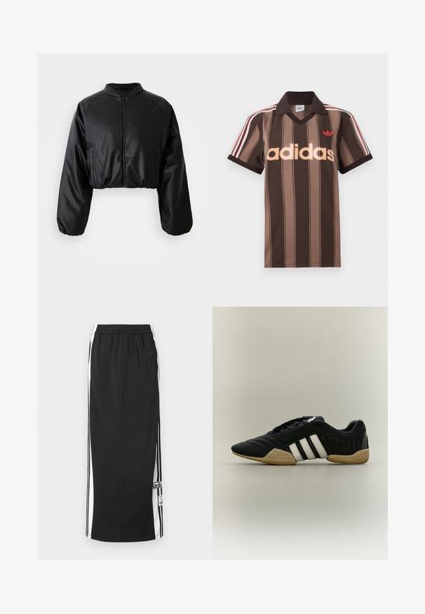Schwarze, taillierte Bomberjacke aus glattem, kunstlederähnlichem Material, mit Reißverschluss und elastischen Bündchen für eine figurbetonte Silhouette.; Braunes gestreiftes Adidas-Poloshirt mit V-Ausschnitt, bordeauxrotem Kragen und rotem Logo. Mit weißen und roten Schulterstreifen, kurzen Ärmeln.; Schwarzer langer Sportrock mit weißen Seitenpaneelen und schwarzen Streifen, elastischem Taillenbund und Adidas-Logo-Patch nahe dem Saum.; Schwarzer Sportschuh mit weißen Streifen und beiger, strukturierter Sohle auf neutralem Hintergrund, seitlich dargestellt.
