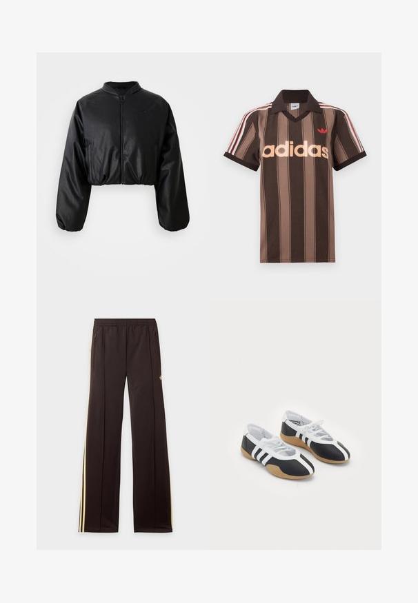Schwarze, taillierte Bomberjacke aus glattem, kunstlederähnlichem Material, mit Reißverschluss und elastischen Bündchen für eine figurbetonte Silhouette.; Braunes gestreiftes Adidas-Poloshirt mit V-Ausschnitt, bordeauxrotem Kragen und rotem Logo. Mit weißen und roten Schulterstreifen, kurzen Ärmeln.; Schwarze Jogginghose mit gelben Seitenstreifen, elastischem Bund, seitlichen Reißverschlusstaschen und kleinem Logo am oberen Oberschenkel.; Schwarz-weiße Sportschuhe mit einem eleganten Design, Gummisohle, Schnürverschluss und drei weißen Streifen an den Seiten.