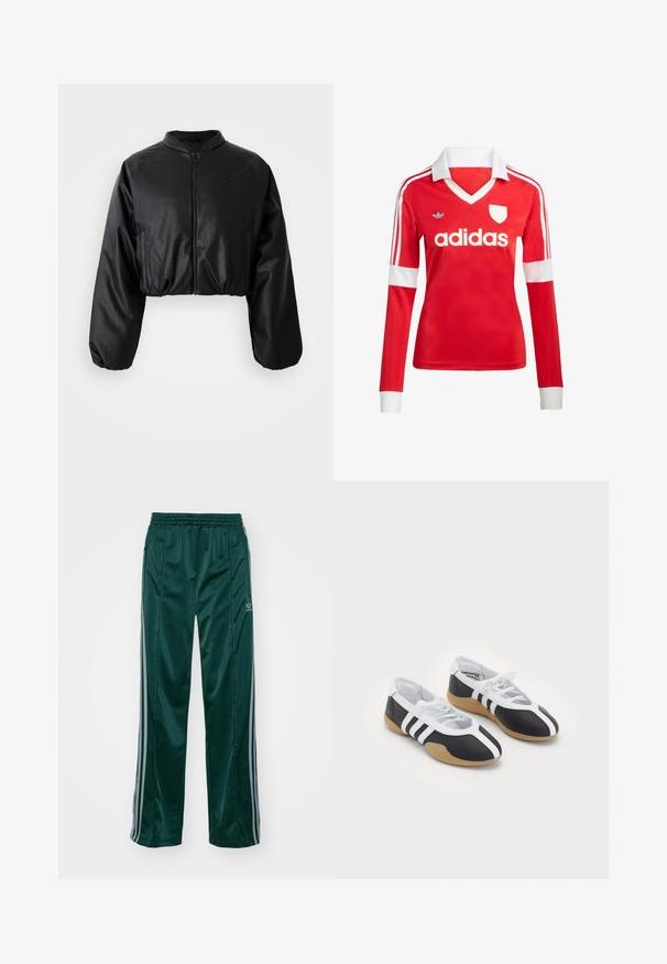 Schwarze, taillierte Bomberjacke aus glattem, kunstlederähnlichem Material, mit Reißverschluss und elastischen Bündchen für eine figurbetonte Silhouette.; Rotes Fußballtrikot mit langen Ärmeln, weißem Kragen und weißen Ärmelbündchen. Es hat drei weiße Streifen auf den Schultern und das "adidas"-Logo ist auffällig platziert.; Dunkelgrüne Sporthosen aus glänzendem Material, mit seitlichen Streifen in Hellgrau und einem gestickten Logo auf dem linken Bein.; Schwarz-weiße Sportschuhe mit einem eleganten Design, Gummisohle, Schnürverschluss und drei weißen Streifen an den Seiten.