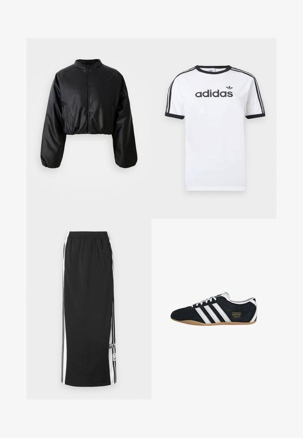 Sort cropped bomberjakke med en glat skalobt lædertekstur, lynlåslukning og elastiske manchetter for en tætsiddende silhuet.; Hvid bomulds-T-shirt med sorte detaljer, har rundt halsudskæring, korte ærmer, tre sorte striber på skuldrene og adidas-logo i sort.; Sort lang atletisk nederdel med hvide sidepaneler og sorte striber, elastisk taljebånd og Adidas-logo i patch nær nederste kant.; Sort ruskinds sneaker med hvide tre striber, guldlogo og en brun gummisål. Har et lavprofil snørebåndsdesign.