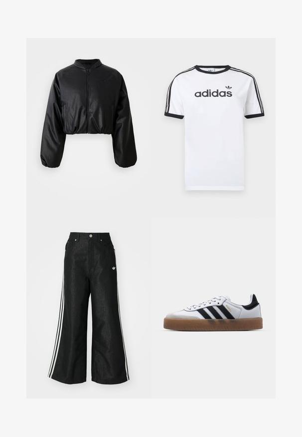 Sort cropped bomberjakke med en glat skalobt lædertekstur, lynlåslukning og elastiske manchetter for en tætsiddende silhuet.; Hvid bomulds-T-shirt med sorte detaljer, har rundt halsudskæring, korte ærmer, tre sorte striber på skuldrene og adidas-logo i sort.; Sorte vide denim bukser med tre hvide striber på hver side og et lille hvidt logo. Indeholder forlommer og en knaplukning.; Hvide lædersneakers med sorte striber, gummirubber sål, rund tå, snørelukning og blød grå ruskinds tåhætte.