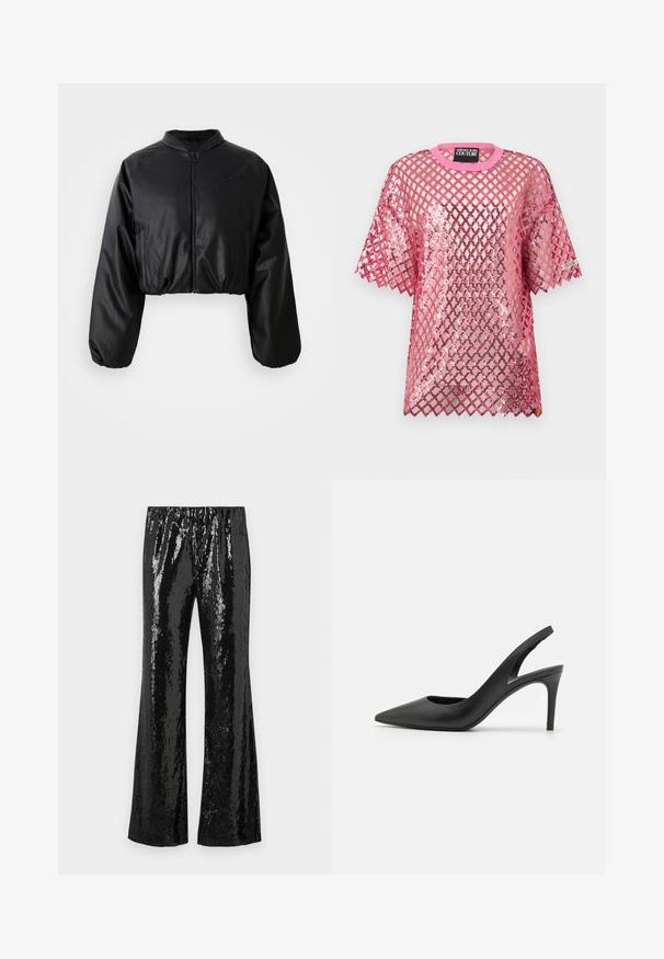 Chaqueta bomber corta negra con una textura suave de cuero sintético, cierre de cremallera y puños elastizados para un ajuste ceñido.; Top rosa de manga corta con malla y superposición de patrón de diamantes, capa interior brillante con lentejuelas, escote redondo, etiqueta de Versace Jeans Couture.; Pantalones de lentejuelas negros con un diseño acampanado, que cuentan con una cinturilla elástica y una textura brillante que refleja la luz. Patrón vertical de lentejuelas.; Zapatos de tacón alto de cuero negro con diseño de punta afilada, que presentan un corte en la parte delantera y un delgado tacón de aguja.