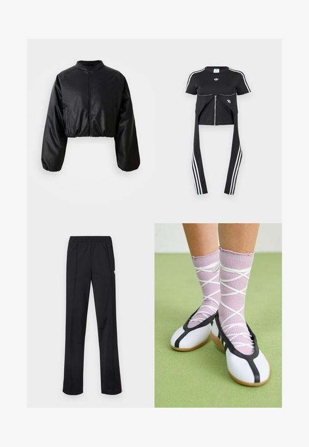 Zwarte cropped bomberjack met een gladde, nepleer structuur, ritsluiting en elastische manchetten voor een getailleerd silhouet.; Zwart kort mouwtopje met witte Adidas-strepen op de mouwen, ritssluiting aan de voorkant en langere stofpanelen die naar beneden hangen met drie witte strepen.; Zwarte sportbroek met een elastische tailleband, rechte pijpen en een wit logo aan de zijkant. Gemaakt van lichtgewicht, gladde stof.; Benen met geribbelde lavendelkleurige sokken met witte kruisbanden, gecombineerd met witte ballerina's met zwarte bies op een groene vloer.