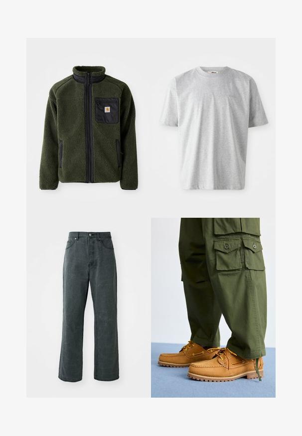 Veste en polaire verte avec un col montant, accents noirs, poche poitrine zippée et poches latérales. Surface texturée, matériau durable.; T-shirt gris à manches courtes en tissu doux. Il présente un col rond et un logo subtil brodé sur le devant.; Jean en denim gris foncé à jambes larges, doté d'une taille haute, d'un design à cinq poches et d'une texture légèrement délavée.; Timberland AUTHENTIC 3 EYE - Chaussures bateau - wheat