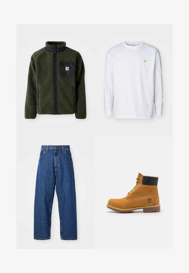Veste en polaire verte avec un col montant, accents noirs, poche poitrine zippée et poches latérales. Surface texturée, matériau durable.; T-shirt à manches longues blanc en coton. Présente un petit logo doré sur la poitrine et un col rond. Design simple et coupe standard.; Jean large en denim bleu foncé. Présente une taille haute, des passants de ceinture et un design classique à cinq poches. Ourlet piqué avec une finition soignée.; Bottine en cuir brun avec œillets en métal, doublure en fourrure blanche, col rembourré noir, semelle robuste et logo en relief sur le côté.