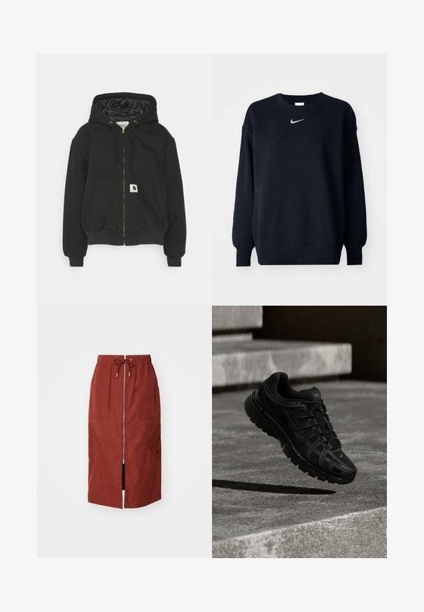 Sweatshirt à capuche noir avec zip sur le devant, poignets élastiques, grande poche frontale et doublure intérieure matelassée. Patch logo Carhartt sur la poche.; Sweatshirt noir en mélange de coton ; col rond côtelé, manches longues et poignets élastiques ; arbore un petit logo Nike argenté sur la poitrine.; Jupe mi-longue en rouge terre cuite, avec une fermeture éclair à l'avant, une taille élastique avec cordon de serrage et des poches latérales avec un design géométrique.; Chaussure de sport noire avec une tige en mesh, une semelle en caoutchouc et un design de laçage complexe ; présente une légère courbure et le logo Nike.