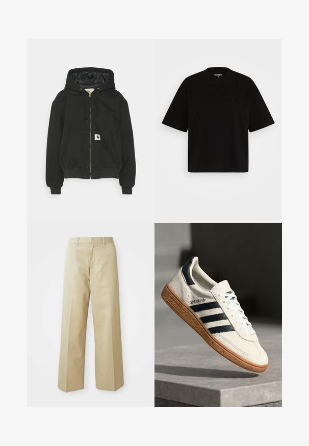 Sweatshirt à capuche noir avec zip sur le devant, poignets élastiques, grande poche frontale et doublure intérieure matelassée. Patch logo Carhartt sur la poche.; T-shirt en coton noir avec une coupe décontractée, manches courtes, col rond, et un petit logo sur la poitrine gauche.; Pantalons beige à jambes larges en coton avec une texture lisse. Présentent une coupe droite, des passants de ceinture et des poches avant.; Baskets en daim blanc avec des bandes navy, semelle en caoutchouc gomme, tige texturée, bout rond et lacets ; arbore un logo sur le côté et sur la languette.