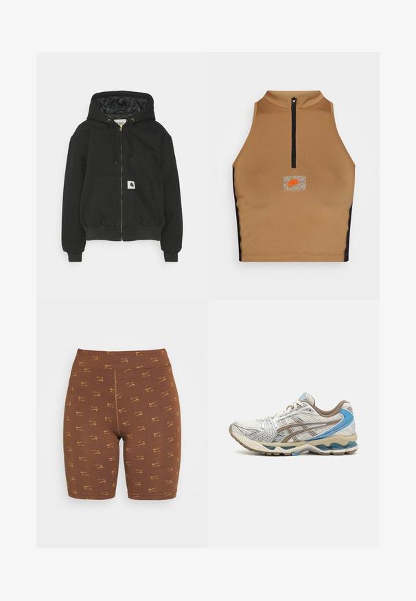 Sweatshirt à capuche noir avec zip sur le devant, poignets élastiques, grande poche frontale et doublure intérieure matelassée. Patch logo Carhartt sur la poche.; Nike Sportswear Débardeur - driftwood/black; Shorts de cyclisme marron en matériau extensible présentent un motif répété de logo Nike jaune, avec une taille haute et des détails de couture lisses.; Chaussure de course blanche et beige avec des accents bleus, dessus en mesh, semelle rembourrée et design à lacets, vue du côté extérieur.