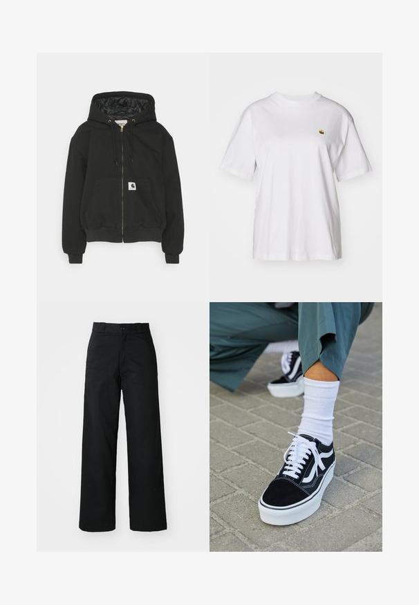 Sweatshirt à capuche noir avec zip sur le devant, poignets élastiques, grande poche frontale et doublure intérieure matelassée. Patch logo Carhartt sur la poche.; T-shirt en coton blanc avec une coupe décontractée, des manches courtes et un petit logo brodé sur la poitrine gauche.; Pantalons larges noirs avec un devant plat, une fermeture à bouton et des passants de ceinture. Fabriqués en tissu durable avec une texture lisse.; Baskets en suède noir avec des accents et des lacets blancs, présentant une épaisse semelle blanche et des coutures contrastantes, associées à une chaussette blanche.