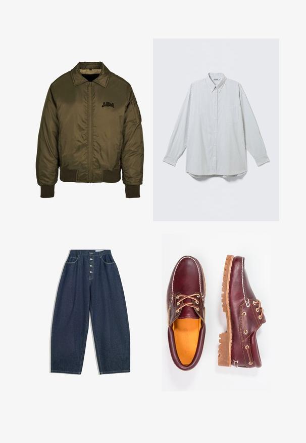 Olivovo zelená bomber bunda so zipsom vpredu, rebrovanými manžetami a spodným lemom a malým čiernym logom na hrudi. Hladká, lesklá textúra látky.; Biela košeľa s dlhým rukávom na gombíky s tenkými čiernymi zvislými pruhmi a vreckom na hrudi, zobrazená na svetlom pozadí.; Tmavomodré denimové nohavice s širokými nohavicami a vysokým pásom, zapínanie na päť gombíkov a päť vreciek. Obsahuje prešívanie na švoch.; Bordové kožené topánky s hnedými gumovými podrážkami, okrúhlou špičkou, bielym prešívaním a zlatými kovaniami. Interiér má žlté podšívku.