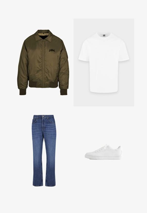Veste bomber vert olive avec fermeture éclair à l'avant, poignets et ourlet côtelés, et un petit logo noir sur la poitrine. Texture de tissu lisse et brillant.; T-shirt blanc uni en coton à manches courtes et col rond présenté sur un fond gris clair.; Jean droit bleu en denim avec cinq poches, fermeture par boutons et passants pour ceinture, montrant une légère décoloration au niveau des cuisses.; Baskets basses blanches avec lacets, dessus en cuir lisse et semelle extérieure en caoutchouc plate, vues de côté sur fond blanc.