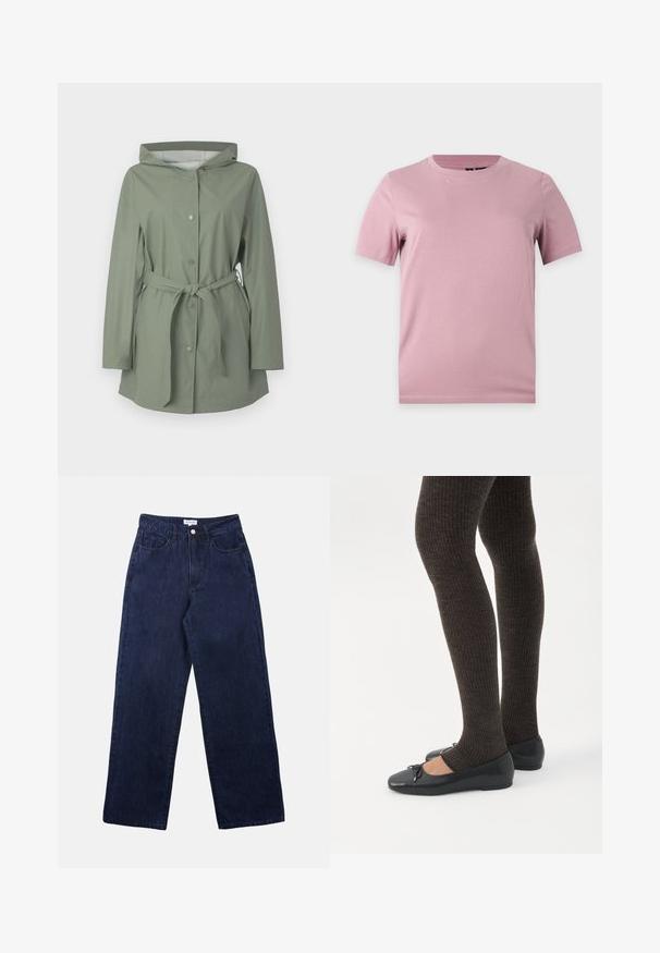 Imperméable à capuche vert clair avec des boutons-pression à l'avant et une ceinture en tissu nouée à la taille, présenté sur un fond blanc.; T-shirt uni en coton rose pâle à manches courtes avec col rond, présenté sur un fond plat gris clair.; Pantalons en denim bleu foncé avec une coupe droite, dotés d'une fermeture à bouton à l'avant, de passants de ceinture et de deux poches avant.; Jambes portant des leggings côtelés foncés associés à des ballerines noires avec de petits détails en nœud sur fond blanc.