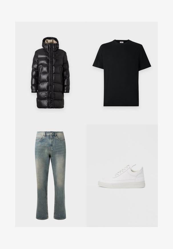 Schwarze Pufferjacke mit glänzender Oberfläche, hohem Kragen, Frontreißverschluss und zwei seitlichen Taschen. Isoliertes Design mit horizontaler Steppung.; Schwarzes T-Shirt mit kurzem Arm und Rundhalsausschnitt, flach auf einem weißen Hintergrund liegend, mit einem kleinen Markenlabel im Kragen.; Hellblaue Denim-Jeans mit geradem Bein, mittelhoher Taille und subtilen Ausbleichungen. Verfügt über klassische Taschenstil und Kontrastnähte.; Weißer Ledersneaker mit abgerundetem Zehenbereich, flacher Sohle und Schnürverschluss. Verfügt über Nahtdetails und einen gepolsterten Kragen für zusätzlichen Komfort.