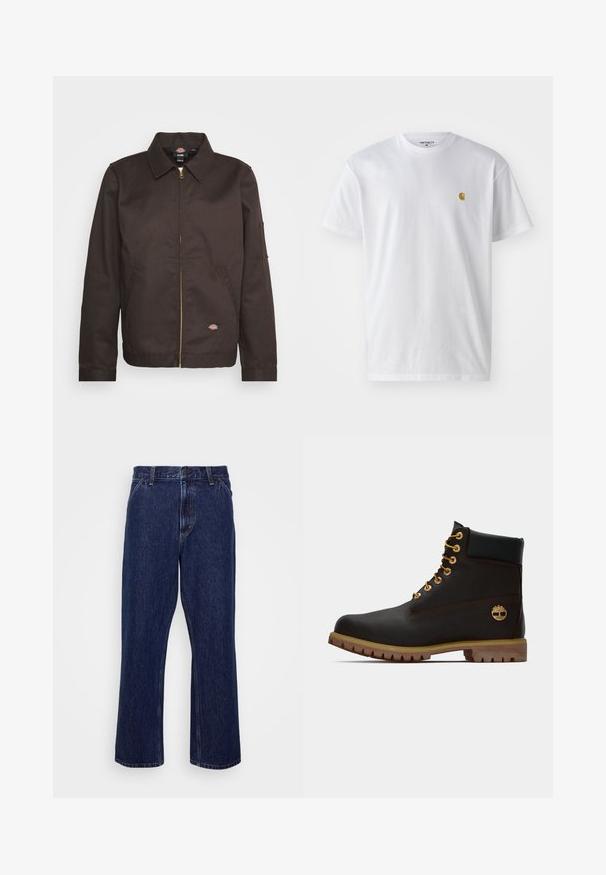 Brown zip-up jacket with a collared neckline, side pockets, and a small logo patch. Made of sturdy fabric, featuring long sleeves.; White cotton t-shirt with short sleeves, crew neck, featuring a small gold logo on the left chest area. Soft texture and regular fit.; Dark blue denim jeans with a straight-leg design, featuring a button closure, five-pocket style, and subtle stitching details.; Black leather ankle boot with gold eyelets, brown accents, and a rubber sole. Features a padded collar and embossed logo on the side.