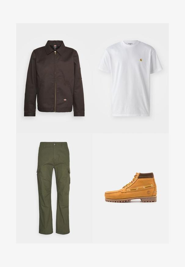 Chaqueta marrón con cremallera y cuello tipo solapa, bolsillos laterales y un pequeño parche con logo. Confeccionada con tejido resistente, cuenta con mangas largas.; Camiseta de algodón blanca con mangas cortas, cuello redondo, que presenta un pequeño logo dorado en la parte izquierda del pecho. Textura suave y corte regular.; Pantalones cargo en verde oliva oscuro, con múltiples bolsillos laterales, un corte recto y una tela resistente con un acabado texturizado.; Timberland AUTHENTIC MID LACE BOOT - Botines con cordones - wheat