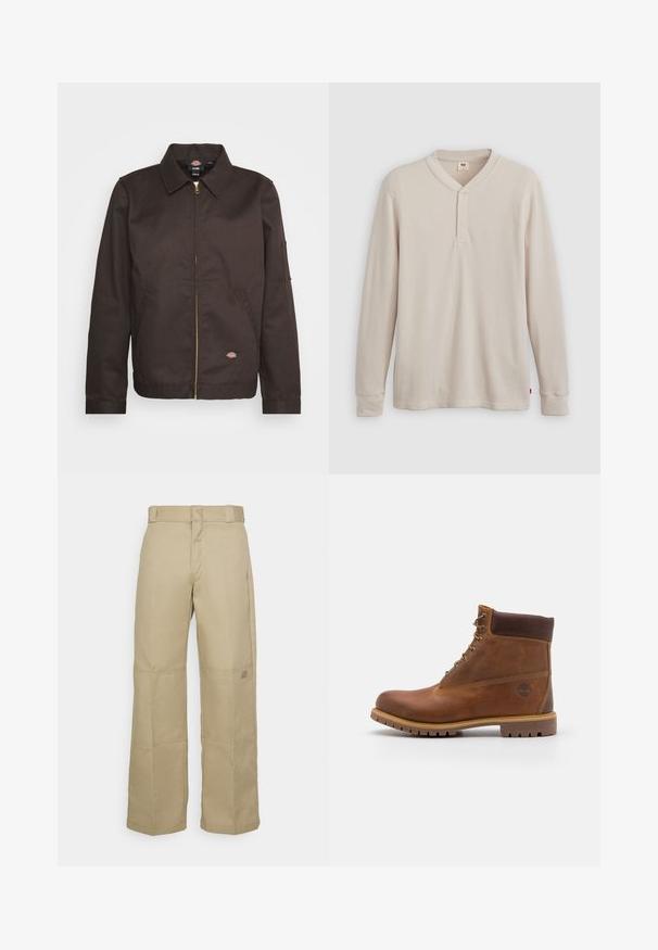 Brown zip-up jacket with a collared neckline, side pockets, and a small logo patch. Made of sturdy fabric, featuring long sleeves.; Long-sleeve henley shirt in light beige ribbed fabric, featuring a V-neck, three-button placket, and cuffed sleeves. Red logo tag at hem.; Beige wide-leg pants made of sturdy fabric, featuring a high waist, visible stitching, and a small logo patch on the side.; Brown leather hiking boot with a smooth finish, padded ankle, metal eyelets, and a rubber sole featuring a rugged tread pattern.