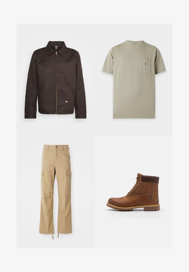 Veste zippée marron avec un col, des poches latérales et un petit patch logo. Confectionnée en tissu robuste, elle possède des manches longues.; T-shirt Carhartt beige à manches courtes avec une poche poitrine comportant un écusson logo Carhartt sur fond blanc.; Pantalons cargo kaki en tissu durable, dotés de plusieurs poches latérales, d'une coupe droite et de cordons de serrage réglables à l'ourlet.; Botte de randonnée en cuir marron avec une finition lisse, cheville rembourrée, œillets en métal et semelle en caoutchouc dotée d'un motif de crampons robuste.