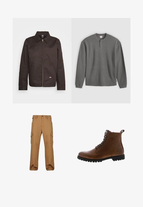 Braune Zip-Jacke mit Kragen, Seitentaschen und einem kleinen Logo-Patch. Hergestellt aus strapazierfähigem Stoff, mit langen Ärmeln.; Langärmliges graues Waffelstrick-Henley-Shirt mit zwei Knöpfen und gerippten Bündchen, flach auf hellem Hintergrund liegend.; Braune Arbeitshose mit mehreren Taschen, darunter Klapp-Cargotaschen an den Oberschenkeln, geradem Bein und Gürtelschlaufen an der Taille.; Braune Lederstiefeletten mit strukturiertem Finish, metallischen Ösen und schwarzer Gummisohle. Mit Zuglasche hinten für einfaches An- und Ausziehen.