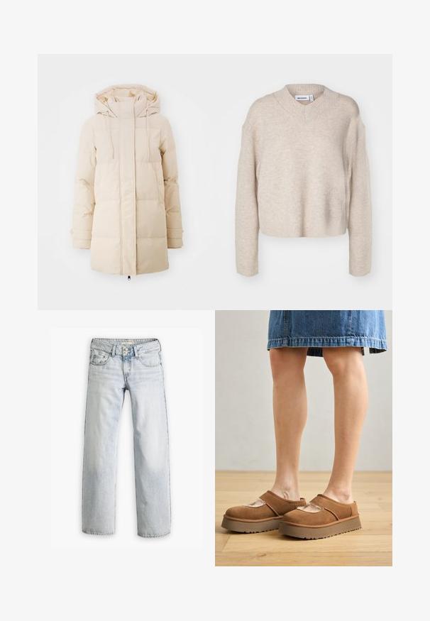 Doudoune beige avec capuche, dotée d'une fermeture éclair, de poignets élastiques et d'un design matelassé pour l'isolation. Texture de tissu lisse.; Weekday REESE V NECK - Pullover - light mole; Jean en denim bleu clair avec une coupe décontractée, taille haute et design à cinq poches. Éléments de surpiqûre et fermeture à bouton.; Chaussures à plataforma en suède marron avec un bout arrondi, des découpes, et une semelle robuste, accompagnées d'une jupe en denim dans un cadre au sol en bois.