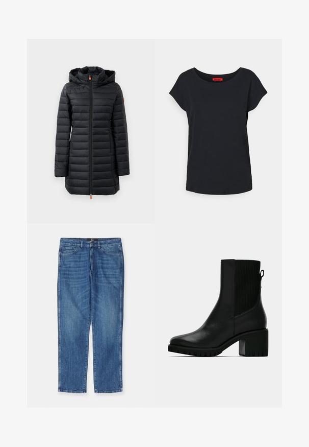 Manteau noir rembourré avec capuche, présentant un design matelassé horizontal, une texture lisse, une fermeture éclair frontale complète et des accents de tirette orange.; MAX&Co. MALDIVE - T-shirt basique - schwarz; Jean en denim bleu avec une coupe droite, un design classique à cinq poches et une texture légèrement délavée. Dispose d'une fermeture à bouton à l'avant.; Bottine en cuir noir avec panneau latéral élastique côtelé, talon bloc et semelle texturée pour une meilleure adhérence. Finition lisse avec une garniture minimale.