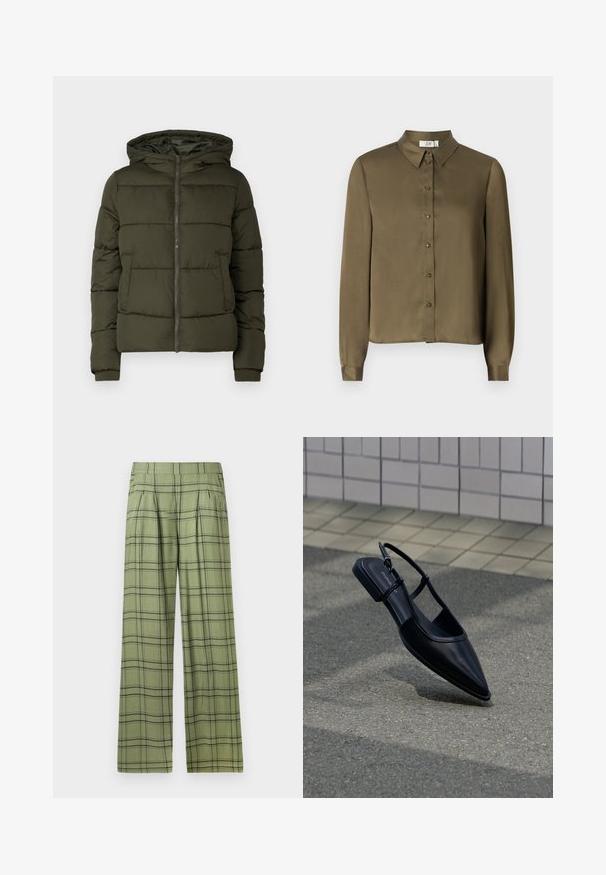 Doudoune vert olive avec capuche, fermeture éclair et poches frontales. Présente un design matelassé et des poignets côtelés. Texture lisse.; JDY JDYFIFI SHIRT - Chemisier - dark olive; Pantalons évasés verts avec un motif à carreaux noirs, une taille haute, des plis sur le devant et des poches latérales.; Chaussure plate noire à bout pointu avec bride arrière, flottant au-dessus d'une surface en bitume à côté d'un trottoir carrelé.
