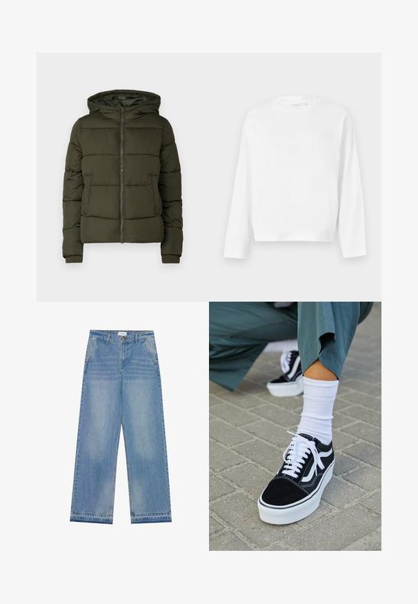 Olijfgroene pufferjack met een capuchon, ritssluiting en voorzakken. Kenmerkt zich door een gequilt ontwerp en ribgebreide manchetten. Gladde textuur.; Gina Tricot Longsleeve - white; Lichtblauwe hoge taille wijde jeans met een knoopsluiting, voorzakken, riemlussen en subtiele vervaagde details.; Zwarte suède sneaker met witte accenten en veters, uitgerust met een dikke witte zool en contrasterende stiksels, gecombineerd met een witte sok.
