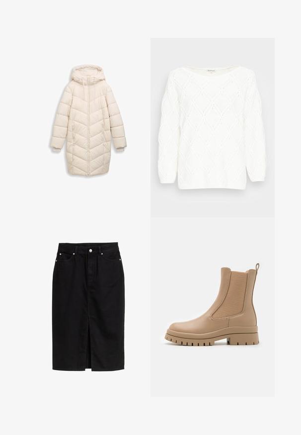 Off-White, langer gepolsterter Wintermantel mit Kapuze, Frontreißverschluss, Seitentaschen und gerippten Innenbündchen.; TOM TAILOR ARAN - Strickpullover - whisper white; Schwarzer Denim-Rock, knielang mit einem Schlitz vorne, mit silbernen Beschlägen und fünf Taschen. Glatte Textur, klassisches Design.; Anna Field by Zalando Plateaustiefelette - beige