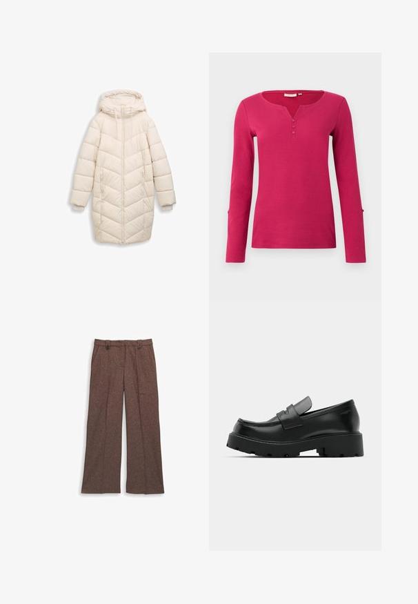 Off-white, lange gewatteerde winterjas met capuchon, voorrits, zijzakken en ribbelige binnenmanchetten.; Langsleeve roze top met een geribbelde textuur, voorzien van een Henley-halslijn en een knoopsluiting met drie knopen. Inclusief splitaccenten bij de mouwuiteinden.; Bruine wijde broek van gestructureerde stof. Heeft twee voorzakken en een op maat gemaakte pasvorm met twee knopen op de tailleband.; Zwarte leren instappers met een chunky, gestructureerde zool, voorzien van een band over de voet en een gladde, gepolijste afwerking.