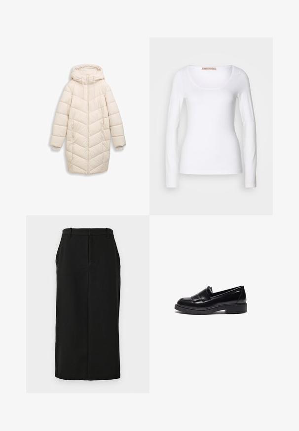 Off-white, lange gewatteerde winterjas met capuchon, voorrits, zijzakken en ribbelige binnenmanchetten.; Witte katoenen T-shirt met lange mouwen, voorzien van een ronde halslijn en een getailleerd ontwerp, met een gladde textuur en zonder versieringen.; Zwarte kokerrok, knie lengte, gemaakt van een gladde stof. Met een tailleband met riemlussen en een verborgen zijzak. Op maat gemaakte ontwerp.; Zwarte leren loafers met een sleek design, voorzien van een ronde neus, decoratieve franjes en een lage, getextureerde rubberen zool.