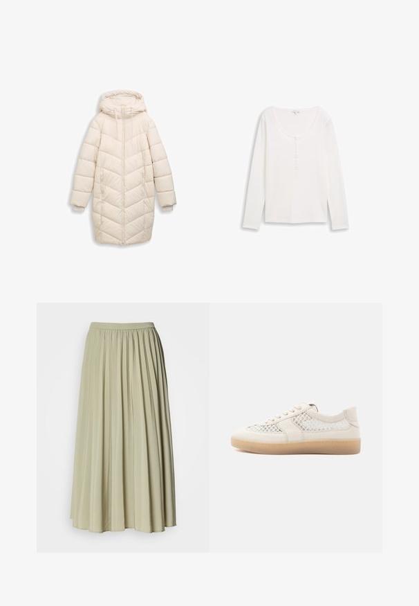 Off-White, langer gepolsterter Wintermantel mit Kapuze, Frontreißverschluss, Seitentaschen und gerippten Innenbündchen.; Weißes, geripptes Langarmoberteil mit rundem Halsausschnitt und einer teilweisen Knopfleiste. Weicher Stoff, taillierte Passform und minimalistischer Stil.; Geraffter langer Rock aus einem weichen, hellgrünen Stoff. Verfügt über einen elastischen Bund und ein fließendes Design, mit gleichmäßigen Falten im gesamten Rock.; Hellbeige Sneaker mit glattem Leder-Obermaterial und Mesh-Einsätzen. Abgerundete Zehenpartie, Schnürverschluss und eine strukturierte Gummisohle.
