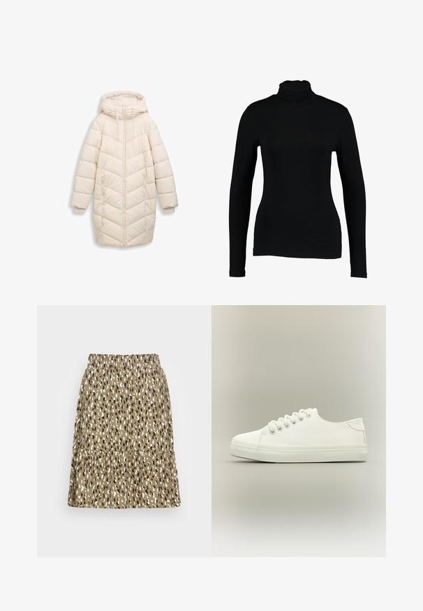 Off-white, lange gewatteerde winterjas met capuchon, voorrits, zijzakken en ribbelige binnenmanchetten.; Zwart lange mouw turtleneck top van gladde stof, met een aansluitend ontwerp en hoge hals, geschikt voor layering of als standalone kleding.; Bruine gelaagde rok met een lichte textuur en een luipaardprint in zwart en wit. Elastische tailleband, knielange pasvorm.; Witte lage sneaker met witte veters en rubberen zool, zijaanzicht op een neutrale achtergrond.