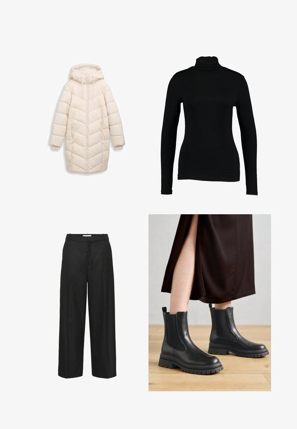 Off-white, lange gewatteerde winterjas met capuchon, voorrits, zijzakken en ribbelige binnenmanchetten.; Zwart lange mouw turtleneck top van gladde stof, met een aansluitend ontwerp en hoge hals, geschikt voor layering of als standalone kleding.; Zwarte wijde broek met een gladde textuur, voorzien van een vlakke voorkant, riemlussen en zonder zichtbare versieringen. Op maat gemaakt voor een losse pasvorm.; Zwarte leren enkellaarsjes met elastische zijpanelen, grove rubberen zolen en hiel-lusstabs; gecombineerd met een donkerbruine midijurk.