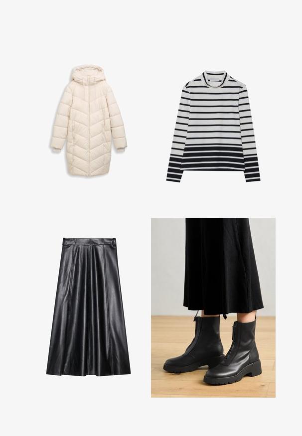 Off-white, lange gewatteerde winterjas met capuchon, voorrits, zijzakken en ribbelige binnenmanchetten.; Langarmshirt van katoen, met horizontale zwart-witte strepen, een hoge opstaande kraag en een losse pasvorm met zijsplitsen.; Zwarte leren A-lijn rok met plooien, met een gladde textuur, aansluitende tailleband en zichtbare stiksels. Geen extra accenten.; Zwarte leren enkelboots met een chunky platformzool en een rits aan de voorkant. Glad oppervlak met een minimalistisch ontwerp.