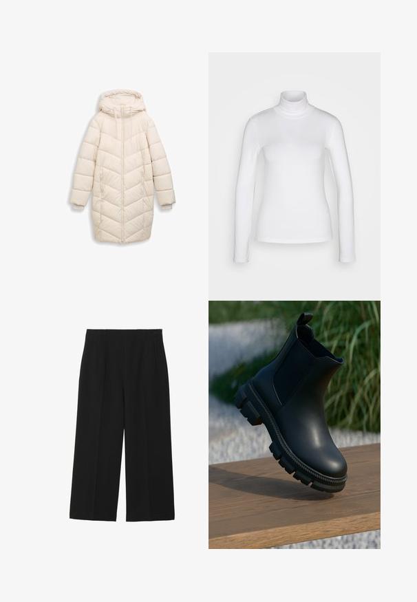 Off-white, lange gewatteerde winterjas met capuchon, voorrits, zijzakken en ribbelige binnenmanchetten.; Witte langemouwen turtle neck shirt van een soepel, rekbaar stof. Heeft een strakke pasvorm en een hoge kraag. Geen zichtbare patronen of accenten.; Zwarte wijde broek gemaakt van een gladde stof, met twee voorkruiszakken, een vlakke voorkant en een ritssluiting aan de zijkant.; Zwarte leren Chelsea-boot met een dikke, grof profielzool die boven een houten oppervlak zweeft, met vervaagde groene begroeiing en grind op de achtergrond.
