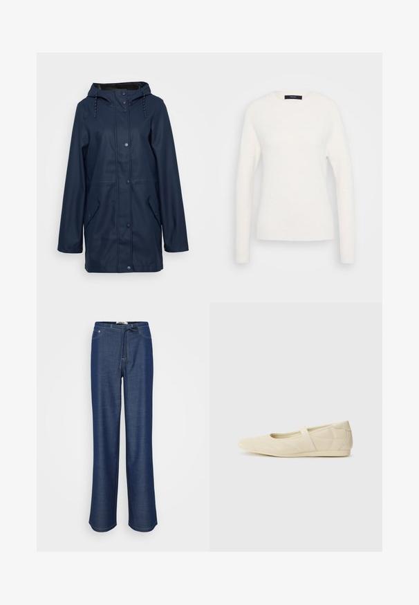 Marine waterdichte regenjas met capuchon, drukknoopsluiting, twee zijzakken en verstelbaar trekkoord bij de hals. Glad van textuur.; Langarmige witte sweater met ronde hals, voorzien van geribde boorden en zoom, weergegeven op een effen lichtgrijze achtergrond.; Donkerblauwe denim broek met een relaxte pasvorm, elastische tailleband, trekkoord detail en contrasterende witte stiksels.; Beige ballerina's met een gladde leren buitenkant, amandelvormige punt en elastische band over de wreef, met subtiele stiksels.