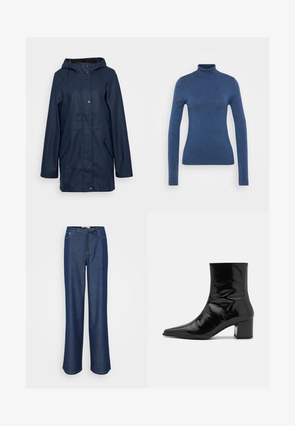 Marinen vandtæt regnjakke med hætte, trykknapper, to sidelommer og justerbar snor ved halsudskæringen. Glat tekstur.; Blå turtleneck sweater lavet af blødt strikmateriale. Tætsiddende design med lange ærmer og ribbede manchetter og nederste kant. Ensartet tekstur.; Dunjbukser i mørkeblå med en afslappet pasform, elastisk talje, snoretræksdetalje og kontrastfarvet hvid syning.; Sort patenteret læder ankelstøvle med spids tå, struktureret overdel og en kraftig hæl. Har en glat, skinnende overflade.